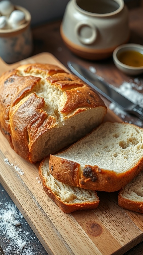 Quick Rise Homemade Bread Recipe A golden-brown loaf of homemade bread sliced to show its fluffy texture, on a wooden board with flour and olive oil in the background.